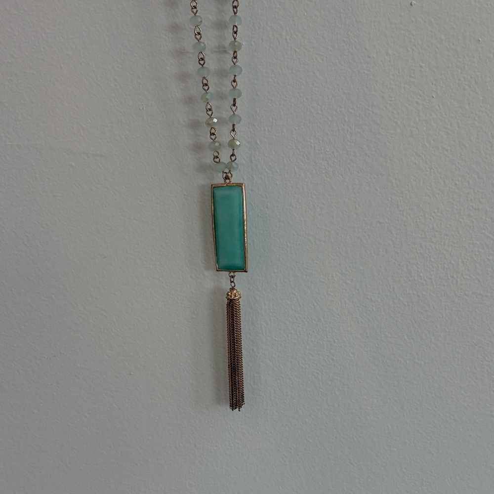 Women’s Gold Tassel Pendant Necklace with Aqua Rectangular Stone